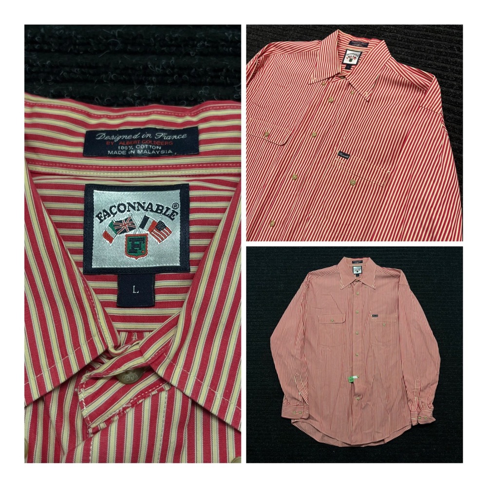 Faconnable Mens Red Cream Striped Cotton Button Down Shirt Large Albert Goldberg